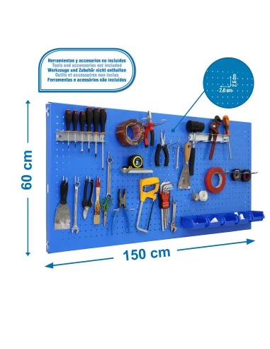 Panel Metálico Herramientas Panelclick 1500X600 Azul + 22 Hook + 8 Acce